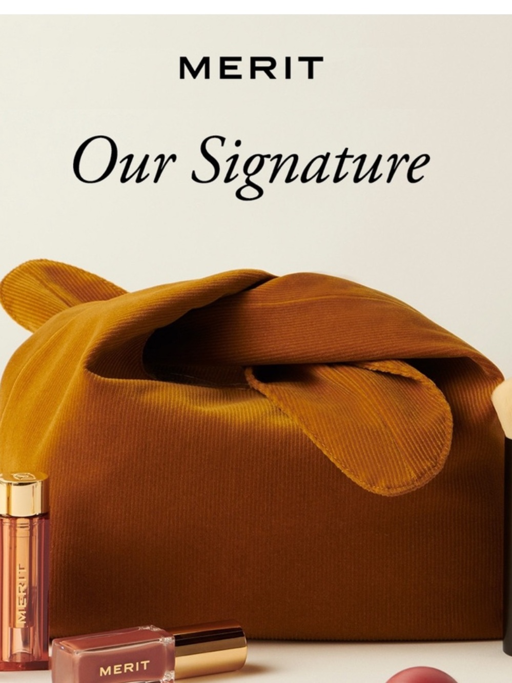 Merit Beauty Brown Soft Corduroy Knot Handle Cosmetic Tote Bag